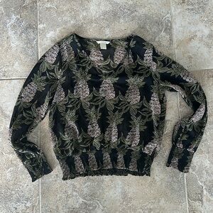 4/$20 H&M Black Pineapple semi sheer Smocked Long-sleeve Top Size 2 XS